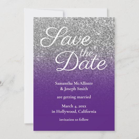 Invitation Royal Purple Silver Ombre Parties scintillant Enre (Devant)