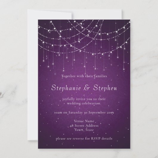 Invitation Royal Purple String Lights 3 Photo QR Code Mariage (Devant)