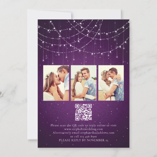 Invitation Royal Purple String Lights 3 Photo QR Code Mariage (Dos)
