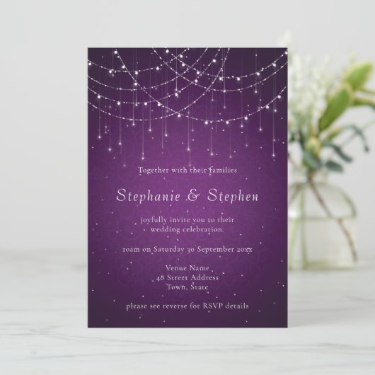 Invitation Royal Purple Swirl & String Lights QR Code Mariage (Debout devant)