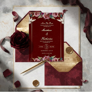 Invitation Royal Red & Gold Floral Dove Wedding Invite