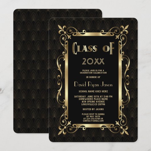 Invitation Royal Roaring 20s Gold Art Dec Graduation Party (Devant / Derrière)