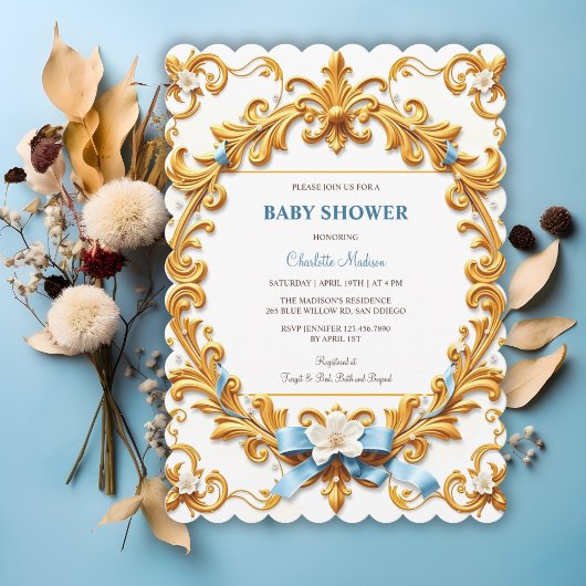Invitation Royal Rococo Blue Gold Floral Boy Baby shower