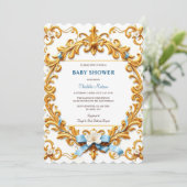 Invitation Royal Rococo Blue Gold Floral Boy Baby shower (Debout devant)