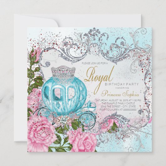 Invitation Royal Rose et Turquoise Blue Princess Anniversaire (Devant)