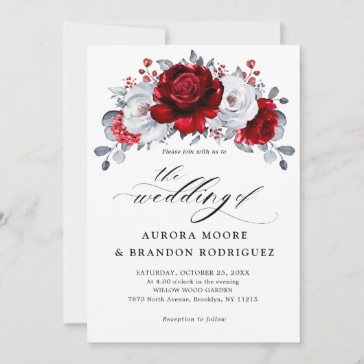 Invitation Royal Rouge Blanc argent métal Mariage floral (Devant)