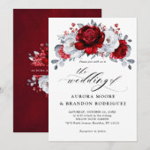 Invitation Royal Rouge Blanc argent métal Mariage floral (Devant / Derrière)
