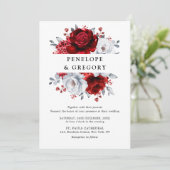 Invitation Royal Rouge Blanc argent métal Mariage floral (Debout devant)