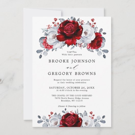 Invitation Royal Rouge Blanc argent métal Mariage floral (Devant)