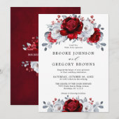 Invitation Royal Rouge Blanc argent métal Mariage floral (Devant / Derrière)