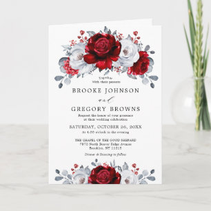Invitation Royal Rouge Blanc argent métal Mariage floral