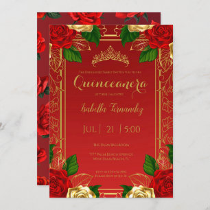 Invitation Royal Spanish Red & Gold Roses Quinceañera