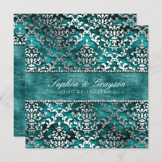 Invitation royal Turquoise Glimmer Mariage damassé (Devant / Derrière)