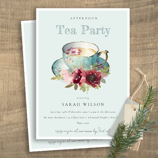 Invitation Royal Turquoise Gold Floral Teacup Afnoon Tea Part