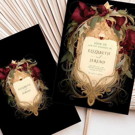 Invitation Royal Victorian Mariage Maroon Floral Ornamals