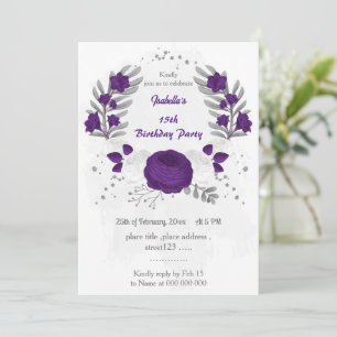 Invitation royal violet blanc fleurs argent fête d'anniversai