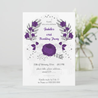 Invitation royal violet blanc fleurs argent fête d'anniversai