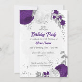 Invitation royal violet blanc fleurs argent fête d'anniversai (Devant)