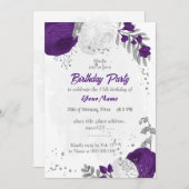Invitation royal violet blanc fleurs argent fête d'anniversai (Devant / Derrière)