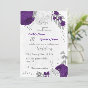 Invitation royal violet blanc fleurs argent mariage
