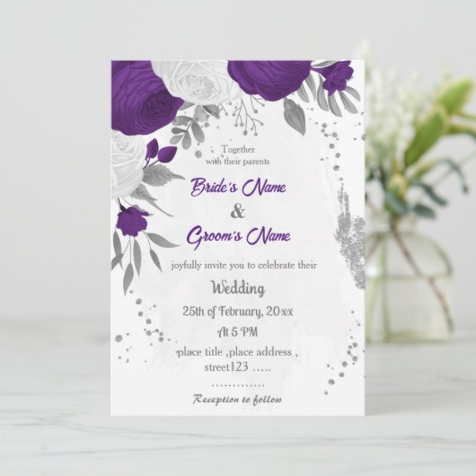 Invitation royal violet blanc fleurs argent mariage (Debout devant)