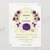 Invitation royal violet blanc fleurs or couronne mariage (Devant / Derrière)