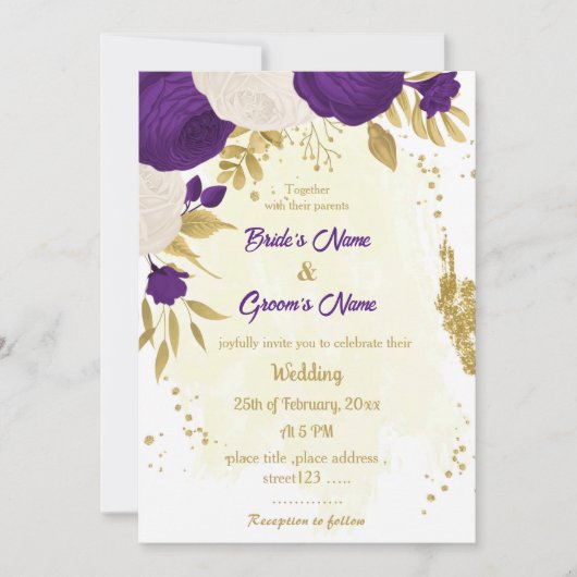 Invitation royal violet blanc fleurs or mariage (Devant)