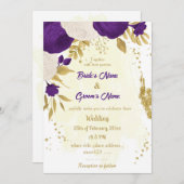 Invitation royal violet blanc fleurs or mariage (Devant / Derrière)