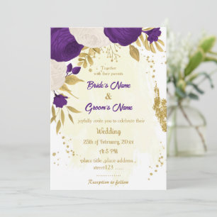Invitation royal violet blanc fleurs or mariage