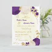 Invitation royal violet blanc fleurs or mariage (Debout devant)