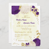 Invitation royal violet blanc fleurs or mariage (Devant / Derrière)