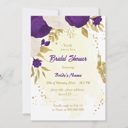 Invitation royal violet blanc fleurs or nuptiale (Devant)
