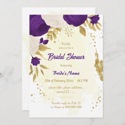 Invitation royal violet blanc fleurs or nuptiale (Devant / Derrière)