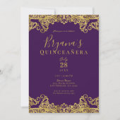 Invitation Royal violet or dentelle élégante Quinceañera Part (Devant)