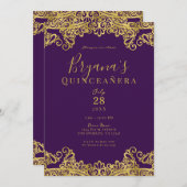 Invitation Royal violet or dentelle élégante Quinceañera Part (Devant / Derrière)