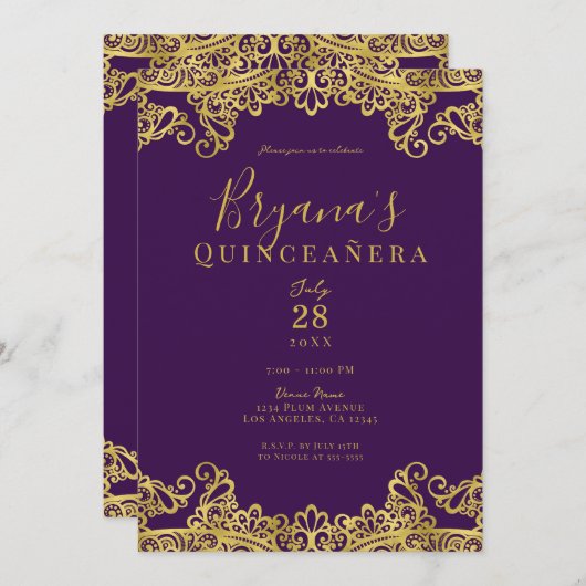 Invitation Royal violet or dentelle élégante Quinceañera Part (Devant / Derrière)