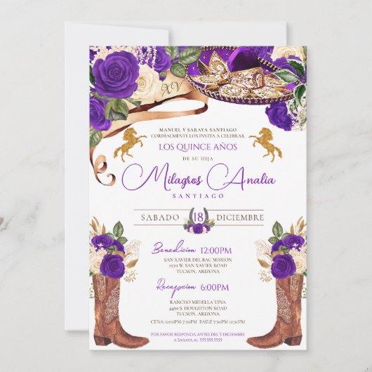 Invitation Royal violet Rose Fancy Western Charro (Devant)