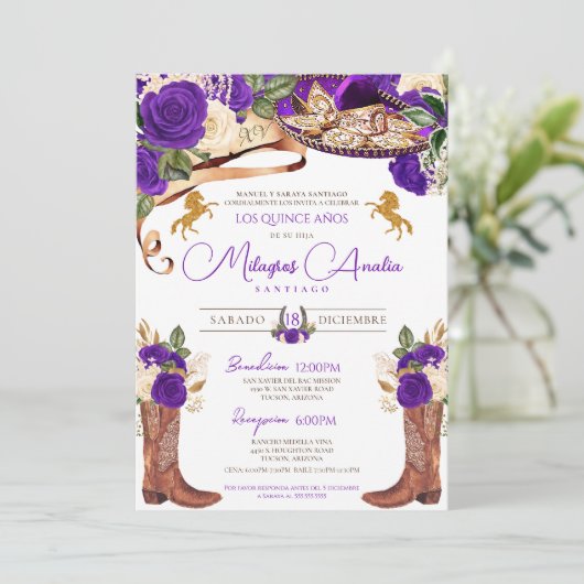 Invitation Royal violet Rose Fancy Western Charro (Debout devant)