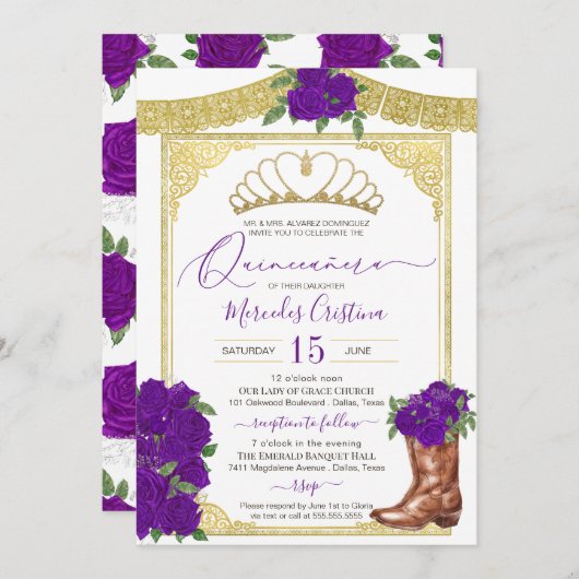 Invitation Royal violet Rose or Floral Charro Quinceanera (Devant / Derrière)