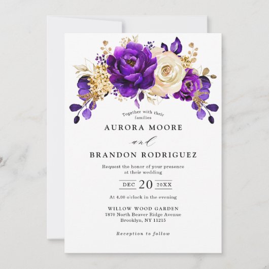 Invitation Royal violet violet or Floral Mariage botanique (Devant)