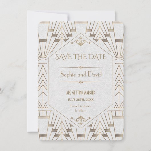 Invitation Royal White Gold Great Gatsby Enregistrer la date (Devant)