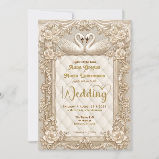 Invitation Royalcore Rococo Gold Swans Fairytale Wedding (Devant)
