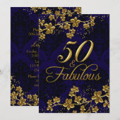 Invitation Royale Bleu et Or Floral 50 & Fabuleuse (Devant / Derrière)