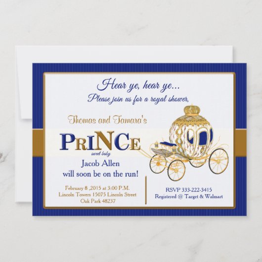 Invitation royale de baby shower de prince en bleu (Devant)