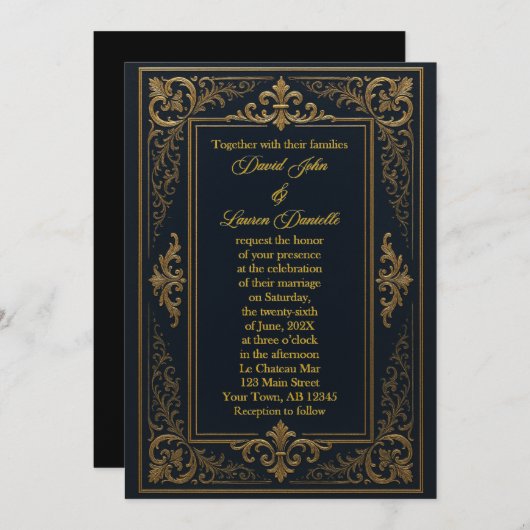 Invitation royale de la feuille noire et or (Devant / Derrière)