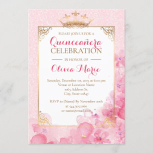 Invitation royale de Quinceanera de rose et d'or