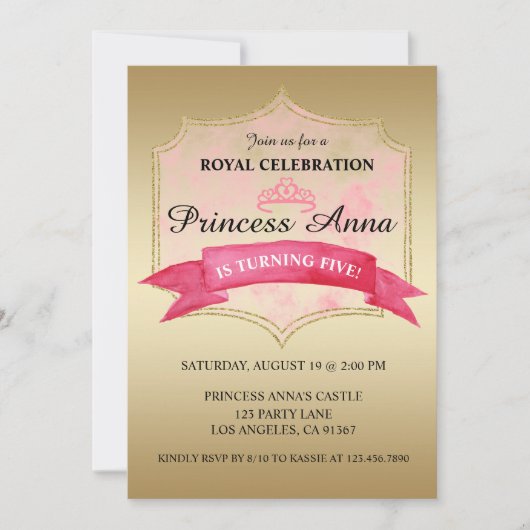 Invitation royale rose de fête d'anniversaire de (Devant)