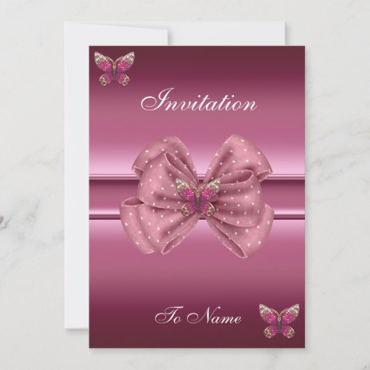 Invitation roze Butterfly Bow Kaart (Voorkant)