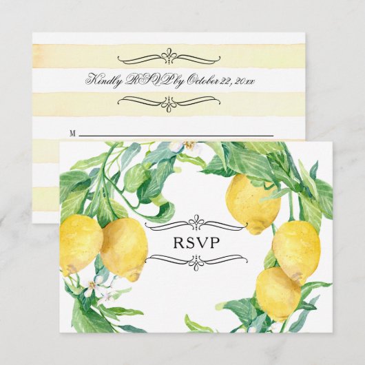 Invitation RSVP à motif de citron rayé horizontal et feuille (Devant / Derrière)