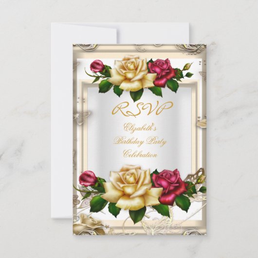 Invitation RSVP Anniversaire Roses Blanc Or Rouge Crème (Devant)